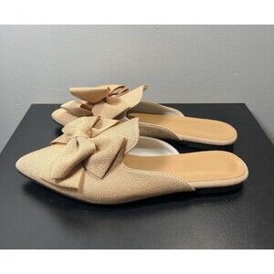 Bow Pointed Flat Mules In Natural Fabrication Size 8.5 Slip On Sandals